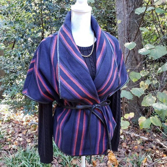 BB DAKOTA Point Blanket Striped Vest Vegan Leather Tie Waist Size Small - Picture 1 of 10